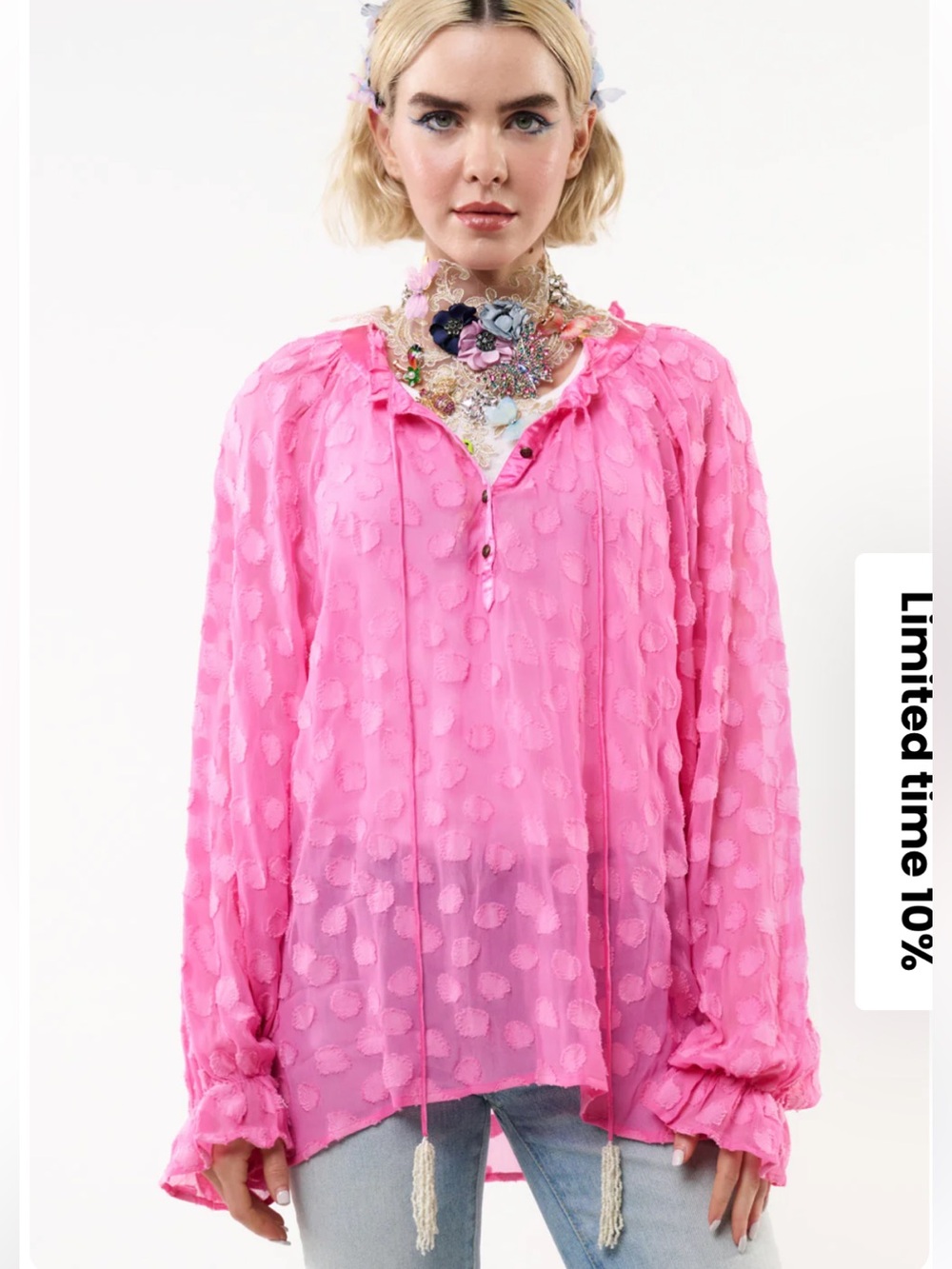NWT Aratta Silent Journey-Maven Blouse Pink Textured Blouse with Beaded Tie Neck